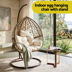 Gardeon Outdoor Egg Swing Chair Wicker Rattan Furniture Pod Stand Cushion Latte
