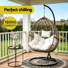 Gardeon Outdoor Egg Swing Chair Wicker Rattan Furniture Pod Stand Cushion Latte