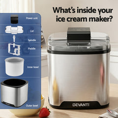 Devanti Ice Cream Maker Slushie Machine 2L Homemade Gelato Sorbet Sliver
