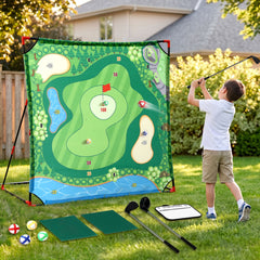 Keezi Kids Golf Chipping Game Set with Stand, 24 Sticky Balls, Adjustable Club & 2 Hitting Mats for Indoor Outdoor Ages 3-12 Play