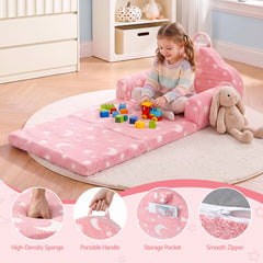 Keezi Kids 2-in-1 Fold Out Sofa Bed with Removable Washable Cover, Carry Handle, Storage Pocket, Glow in the Dark, Pink
