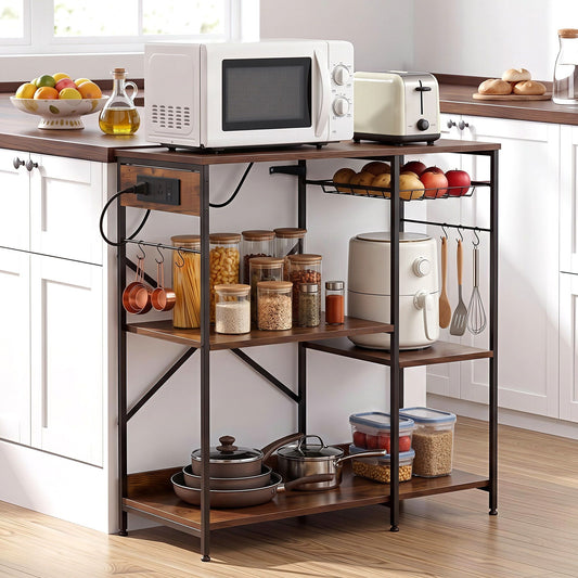 Artiss 3-Tier Kitchen Rack with 2 Power Outlets Microwave Storage Shelf 6 Hooks 90CM