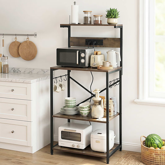 Artiss 4-Tier Kitchen Rack with 2 Power Outlets 6 Hooks Microwave Storage Shelf