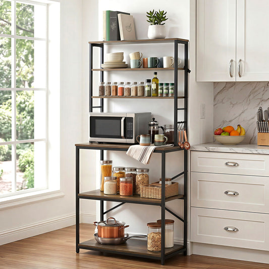 Artiss 6-Tier Kitchen Rack with 6 Hooks Microwave Storage Shelf 80cm x 167cm