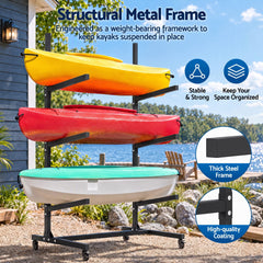 Weisshorn Kayak Storage Rack 3-Tier Canoe SUP Paddleboard Garage 80kg Casters
