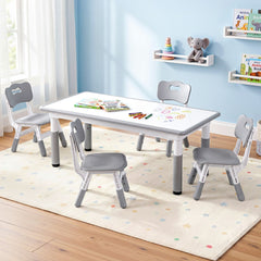 Keezi Kids Table and 4 Chairs Set Height Adjustable Toddler Desk and Chair Set for Ages 3-8, Children Activity Table with Graffiti Desktop for Learning Drawing Playing, Grey
