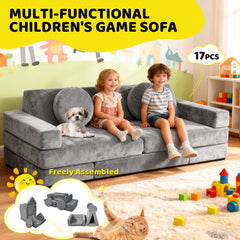 17Pcs Modular Kids Play Sofa Toddler Couch High Density Foam Play Block with Washable Cover Creative Fort Building Playset for Bedroom Playroom Living Room