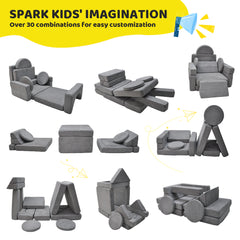 17Pcs Modular Kids Play Sofa Toddler Couch High Density Foam Play Block with Washable Cover Creative Fort Building Playset for Bedroom Playroom Living Room