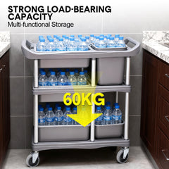 3-Tier Serving Trolley Dining Tableware Collection Rolling Cart with 2 Buckets and 4 Trays Large Utility Cart for Catering Cafes Restaurants Max Load 60kg