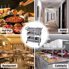 3-Tier Serving Trolley Dining Tableware Collection Rolling Cart with 2 Buckets and 4 Trays Large Utility Cart for Catering Cafes Restaurants Max Load 60kg