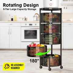 5 Layer Rotating Storage Trolley Kitchen Rolling Tiered Rack Stacking Organizer with 360 Swivel Lockable Wheels for Storing Fruit Vegetable Black