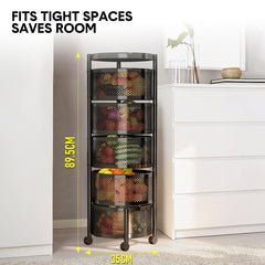 5 Layer Rotating Storage Trolley Kitchen Rolling Tiered Rack Stacking Organizer with 360 Swivel Lockable Wheels for Storing Fruit Vegetable Black