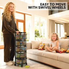 5 Layer Rotating Storage Trolley Kitchen Rolling Tiered Rack Stacking Organizer with 360 Swivel Lockable Wheels for Storing Fruit Vegetable Black