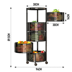 5 Layer Rotating Storage Trolley Kitchen Rolling Tiered Rack Stacking Organizer with 360 Swivel Lockable Wheels for Storing Fruit Vegetable Black
