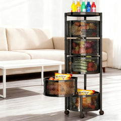 5 Layer Rotating Storage Trolley Kitchen Rolling Tiered Rack Stacking Organizer with 360 Swivel Lockable Wheels for Storing Fruit Vegetable Black