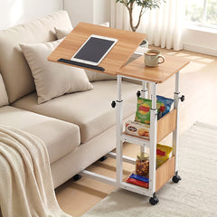 Artiss 3 Tier Adjustable Laptop Desk Tiltable Mobile Side Table Wheels Oak