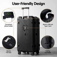 Wanderlite 28" Trunk Luggage Suitcase Travel 5 Wheels Type-C Port TSA Black