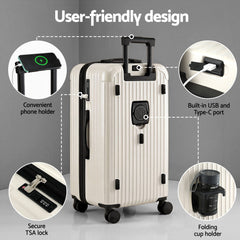 Wanderlite 28" Trunk Luggage Suitcase Travel 5 Wheels Type-C Port TSA Smoky White