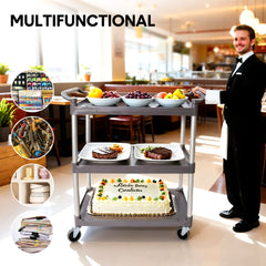 3 Tier Service Cart 1m Length Large Rolling Trolley with Handles and Swivel Wheels for Cafe Restaurant Kitchen Food Serving Catering 120kg Capacity Utility Cart