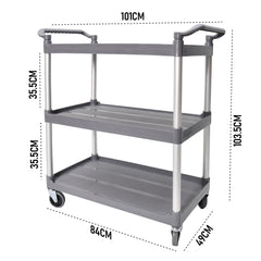 3 Tier Service Cart 1m Length Large Rolling Trolley with Handles and Swivel Wheels for Cafe Restaurant Kitchen Food Serving Catering 120kg Capacity Utility Cart