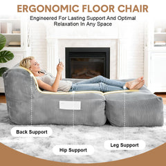 Single Lounger Chair Folding Corduroy Anti Slip Bean Bag Floor Lazy Sofa with Sponge Filler and Back Support for Living Room Bedroom Guest Room 170x85x63cm