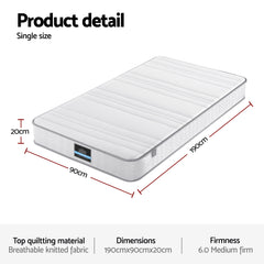 Giselle Single Mattress 20cm with Reinforced Edge Support Egg-Crate Foam