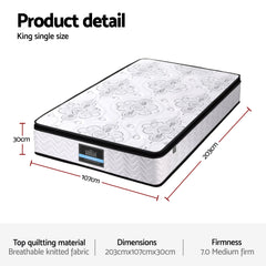 Giselle Bedding King Single Mattress 30cm Pocket Spring Euro Top Medium Firm Foam
