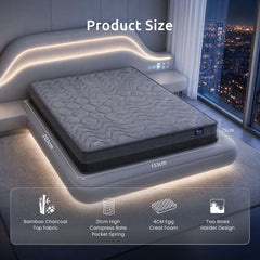 Levitex Queen Mattress 25 cm Hybrid Pocket Spring with 4cm Egg Crate Foam for Deep Sleep Bamboo Charcoal Fabric