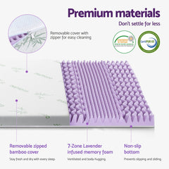 Giselle 8cm Memory Foam Mattress Topper Lavender Infused Bamboo Cover 7-Zone Double