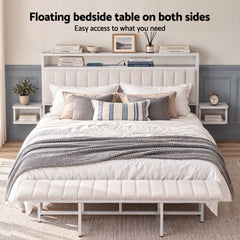 Artiss King Metal Bed Frame Boucle Headboard Charging Station Side Table White