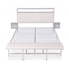 Artiss King Metal Bed Frame Boucle Headboard Charging Station Side Table White