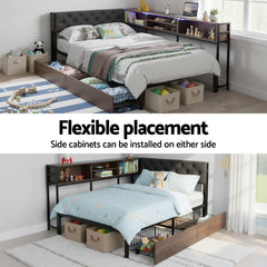 Artiss Bed Frame King Single Size with 2 Drawers and Charging Station Metal Corner Bed Base