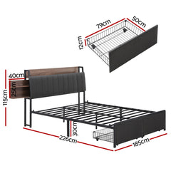 Artiss Metal Bed Frame King Size with 2-Tier Hidden Storage with Charging Station