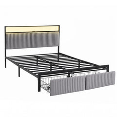 Artiss Metal Bed Frame Queen Size LED Charging Station 2 Drawers