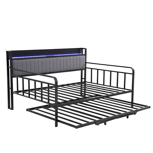 Artiss Bed Frame King Single LED Metal Trundle Daybed with Charging Station TURN