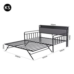 Artiss Bed Frame King Single LED Metal Trundle Daybed with Charging Station TURN