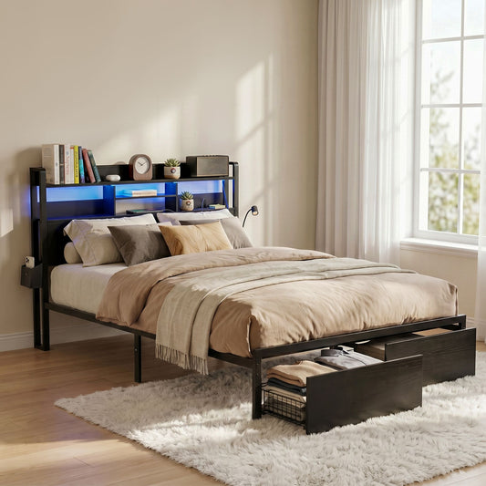 Artiss Bed Frame King with Charging Station Storage Organizer Drawers LED ZAC