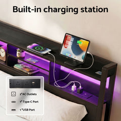 Artiss Bed Frame Queen with Charging Station Storage Organizer Drawers LED ZAC