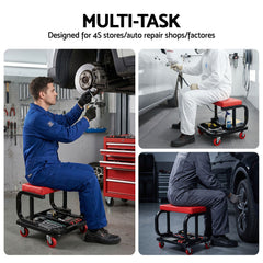 Giantz Creeper Seat Rolling Mechanic Stool with Tool Tray Heavy Duty 36x36cm