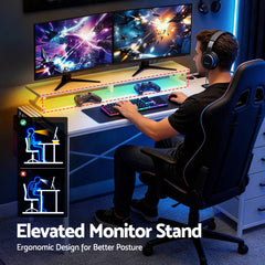 Artiss 140cm L Shaped Gaming Desk Computer Desk with LED Lights & Power Outlets