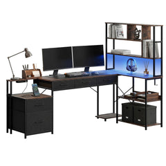 Artiss 200cm L Shaped Gaming Desk Computer Desk with LED Lights & Power Outlets