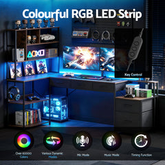 Artiss 200cm L Shaped Gaming Desk Computer Desk with LED Lights & Power Outlets