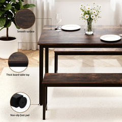 Artiss Dining Table and Chairs Set 3PCS Kitchen Metal Desk Bench Dark Walnut