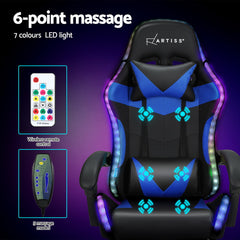 Artiss 6 Point Massage Gaming Office Chair 7 LED Footrest Blue