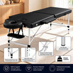 Zenses Massage Table 55cm Portable 2 Fold Aluminium Beauty Bed Black