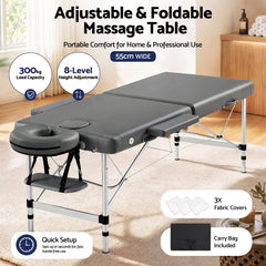 Zenses Massage Table 55cm Portable 2 Fold Aluminium Beauty Bed Grey