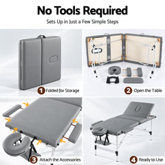 Zenses 3-Fold Portable Massage Table 75cm Adjustable Backrest & Height, Aluminium Beauty Bed Grey