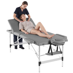 Zenses 3-Fold Portable Massage Table 75cm Adjustable Backrest & Height, Aluminium Beauty Bed Grey
