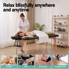 Zenses Massage Table 70cm Portable 2 Fold Wooden Beauty Waxing Therapy Bed Black