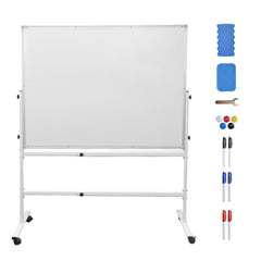 Double-Sided Mobile Whiteboard 140-180cm Height Adjustable Magnetic Whiteboard On Wheels Aluminium Frame with Eraser and Marker for Office Home Classroom